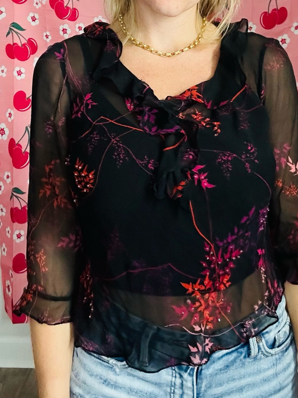 Sheer Black Floral Ruffle Blouse - Women's Top